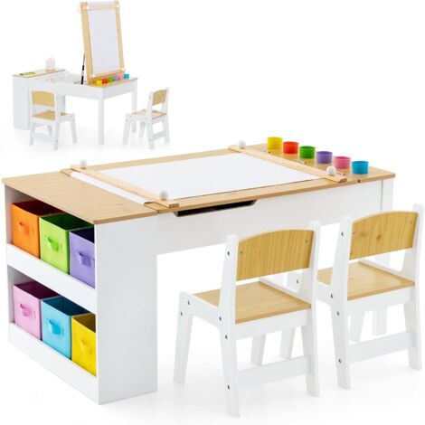 COSTWAY Juego de Mesa y 2 Silla de Arte para Niños, Escritorio de Juegos y Manualidades 2 en 1 para Niños con Mesa Elevable, Rollo de Papel, Vasos de Pintura y 6 Contenedores (Natural)