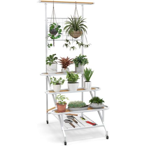 COSTWAY Estantería de Metal para Plantas de 4 Niveles, Soporte para Plantas Colgante con Escalera, Estantería Multifuncional, Soporte Alto para Plantas con Ruedas para Sala Balcón 80x85x175 cm (1/5)