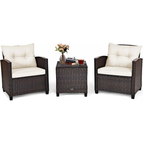 COSTWAY Conjunto Muebles de Ratán para Comedor Salón Jardín Terraza 1 Mesa y 2 Sillas con Cojín de Asiento para Patio Terraza Interior Exterior (Beige) (1/5)