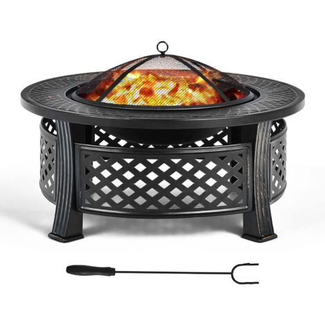 COSTWAY Brasero Exterior Jardín Ø 81 cm Redondo 3 en 1, Chimenea Portatil con Parrilla para Barbacoa, Rejilla para Leña, Cubierta para Lluvia, para Jardín, Patio, Camping