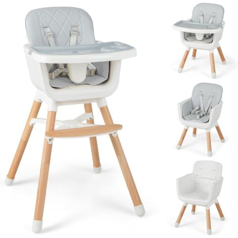 COSTWAY Trona Bebe Convertible 6 en 1, Trona de Madera con Patas Ajustables, Bandeja Doble Extraíble, Cinturón de Seguridad, Reposapiés, Silla Infantil para Bebés de 6 a 36 Meses (Gris)