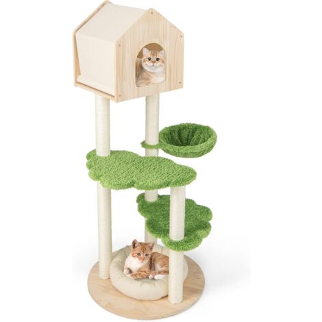 COSTWAY Árbol para Gatos Altura 139 cm, Torre para Gatos de Madera con Postes Rascadores de Sisal, Plataformas de Salto, Perca, Hamaca, Centro de Actividades para Gatos