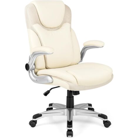 COSTWAY Silla Escritorio, Silla Oficina de Cuero PU, Función Mecedora y Altura Ajustable, Silla Ergonomica Escritorio con Reposabrazos Abatibles, Giratoria De 360°, Blanca