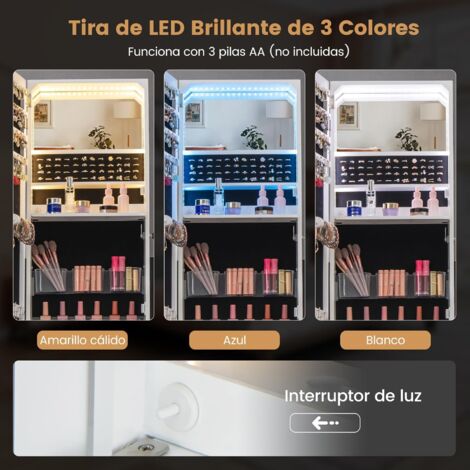 Armario Joyero con 14 Luces LED y 2 Cajones Regulable en 4 Ángulos Ideal  para Dormitorio Blanco 41,5 x 37 x 160 cm - Costway