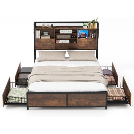 COSTWAY Cama Doble con Cajones 140 x 200 cm, Estructura Cama de Metal con Estación de Carga, Cama Matrimonio No Requiere Somier, Marrón Vintage (1/5)