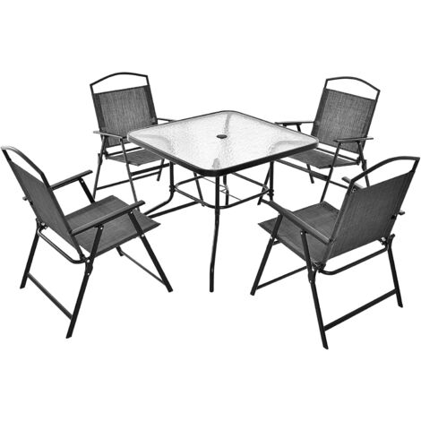 COSTWAY Conjunto Mesa y Sillas Jardin, 1 Mesa on Tapa de Cristal Templado, 4 Sillas Plegables, Orificio para Sombrilla, Juego de Comedor 5 Piezas Jardin Patio Terraza Piscina