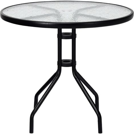 COSTWAY Mesa de Jardín Redondo φ70cm, Tablero de Vidrio Templado y Patas de Metal Resistentes, Orificio para Sombrillaφ4cm, Mesa Auxiliar Balcon Terraza Jardin Exterior