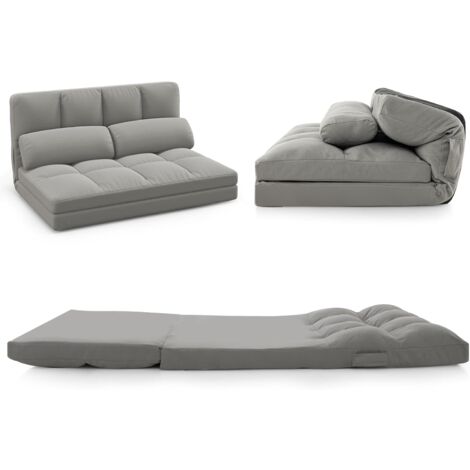 COSTWAY Sofá Cama de 2 Plazas, Sofá Convertible con Respaldo Ajustable en 6 Posiciones, Funda de Terciopelo y 2 Almohadas, Cama Plegable para Dormitorio, Sala de Estar (Gris claro) (1/2)