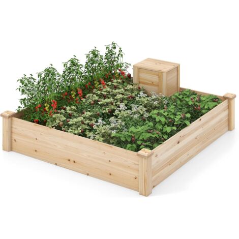 COSTWAY Cama de Jardín Elevada, Kit de Macetero de Madera con Contenedor de Compost y Fondo Abierto, Huerto Urbano para Cultivo de Flores, Plantas y Hierbas 124 x 124 x 25,5cm
