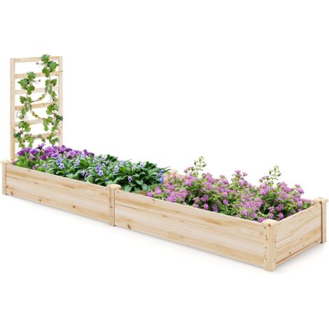 COSTWAY Cama Elevada de 2 Macetero y 1 Enrejado, Kit de Macetero de Madera para Patio, Jardín, Balcón, Macetero de Jardinería Elevado para Patio 235 x 63 x 102cm (1/5)