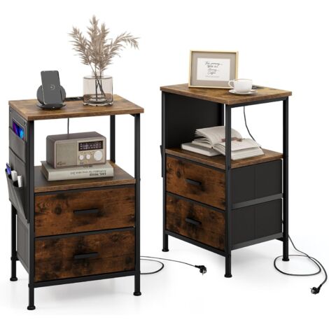 COSTWAY Mesita de Noche con Estación de Carga, Industrial con 2 Cajones y 6 Bolsillos Laterales, Mesa Auxiliar con Puertos USB y Salidas de CA para Dormitorio, Sala de Estar, Marrón Rústico (2 piezas) (1/5)