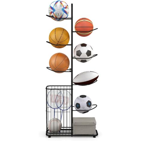 COSTWAY Estante para Pelotas de 7 Niveles, Soporte de Baloncesto Metálico con 7 Barras Colgantes Desmontables y Cesta Lateral para Pelotas, Organizador de Equipos Deportivos para Garaje, Negro