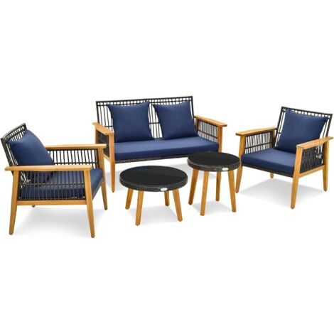 COSTWAY Muebles Jardin Exterior de Ratán 5 Piezas, 1 Sofá de 2 Plazas y 1 Sillon, 2 Mesas de Café de Vidrio Templado, Marco de Madera de Acacia, Cojines Acogedores, Mesa y Sillas Terraza Balcon (1/5)