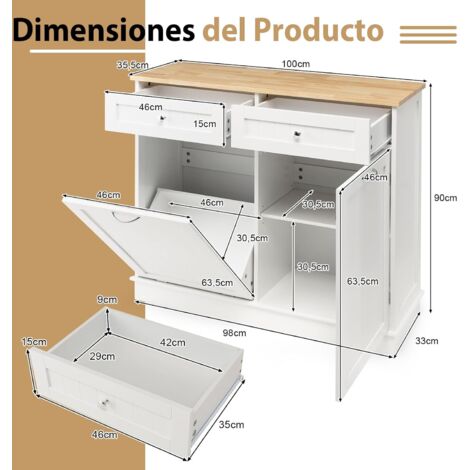 Armario De Cocina Con Soporte Para Cubo De Basura COSTWAY - Hasta 42L, 2 Cajones, Estante Ajustable, 100x35x91 Cm