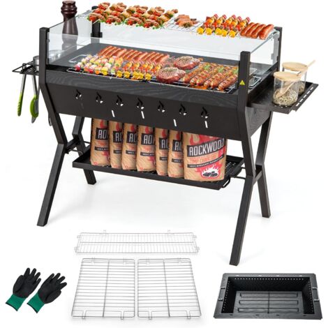 COSTWAY Barbacoa Carbón y Leña con Parrillas, Acero Inoxidable, Barbacoa Carbon con Protector Contra Viento, Estantes para Condimentos y de Almacenamiento, con Guantes