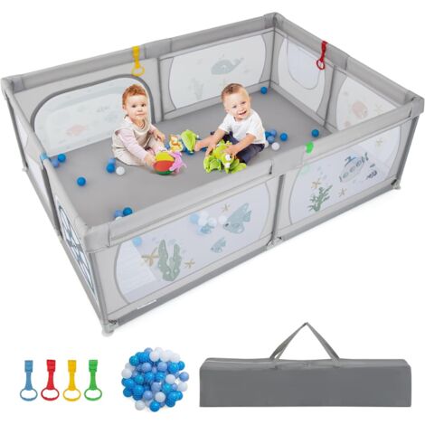 COSTWAY Parque Infantil Bebe, Parque para Bebés y Niños, Centro Actividad Estable y Atóxico, Parque Anticaída con Pelotas, Red Transpirable y Cremallera Duradera (Gris, océano)