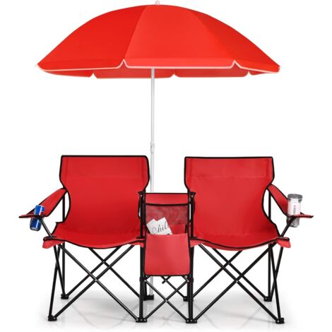 COSTWAY Sillas de Camping con Sombrilla Silla Plegable Taburete de Pesca Doble con Portavasos para Exterior Picnic Senderismo Barbacoa (Rojo)
