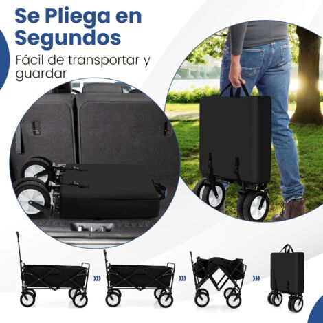 Carro De Playa Plegable - Acero Negro - 34x45x100 Cm - Hasta 50 Kg - Con Ruedas Grandes
