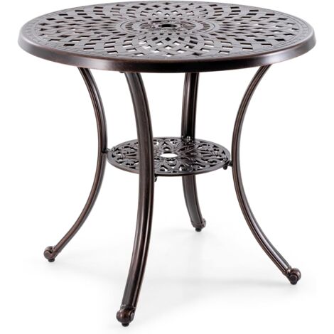 COSTWAY Mesa Jardin Exterior 79x71cm, Mesa Redonda Jardin Aluminio Fundido, Mesa Redonda Jardin Orificio para Sombrillaφ5cm y Estante Inferior, Mesa Terraza Balcon, Cobre Rojo