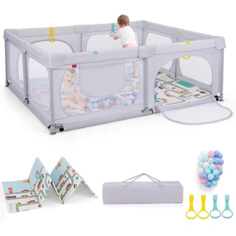 COSTWAY Parque Infantil Bebe,189 x 158 cm,Centro de Actividades para Bebés de 0 a 3 Años con 4 Anillas de Tiro y 50 Bolas Plásticas, Puerta y Malla, Bolsillo y Bolsa de Transporte (Gris claro)