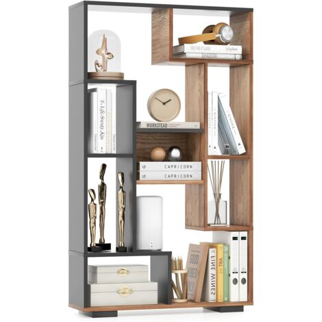 COSTWAY Estantería de Madera, Librería con 9 Compartimentos Abiertos, Estantería de Pie Geométrica Moderna con Kits Antivuelco para Sala de Estar, Oficina, 70 x 20 x 120 cm (Color Madera y Negro)