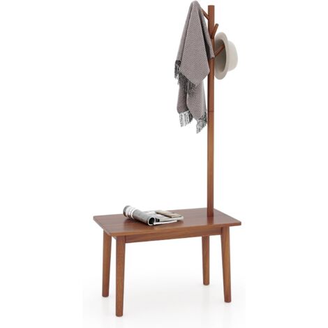 COSTWAY 3 en 1 Perchero de Pie y Mesa Auxiliar, Perchero de Madera Maciza con 4 Ganchos para Sombreros, Bolsos y Abrigos, Perchero Con Banco para Zapatos para Entrada Dormitorio Habitacion (Marrón)
