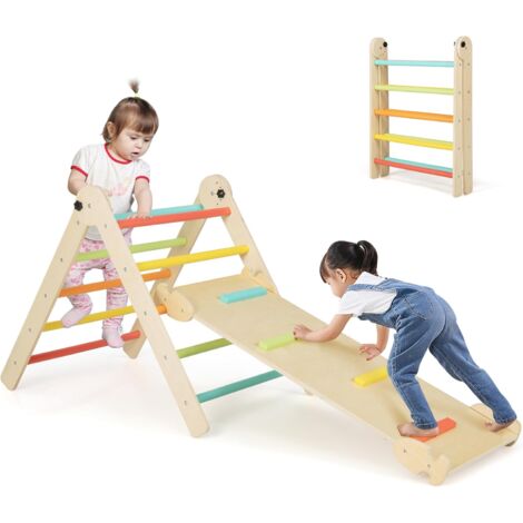 COSTWAY Triángulos de Escalada Plegables y Ajustables 3 en 1, Juguetes Triangulares de Escalada para Niños con Rampa Deslizante, Escalador Triangular de Madera Montessori (Multicolor)