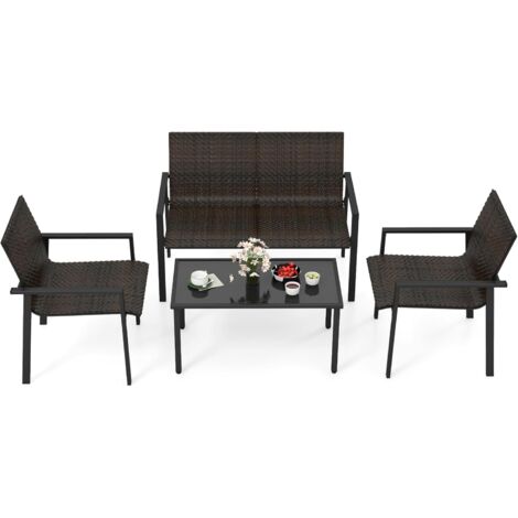 COSTWAY Conjunto Jardin Exterior 4 Piezas de Ratán, 1 Sofá de 2 Plazas, 2 Sillas y 1 Mesa con Tablero de Vidrio Templado, Mesa y Sillas Jardin Terraza Balcon (Marrón) (1/5)