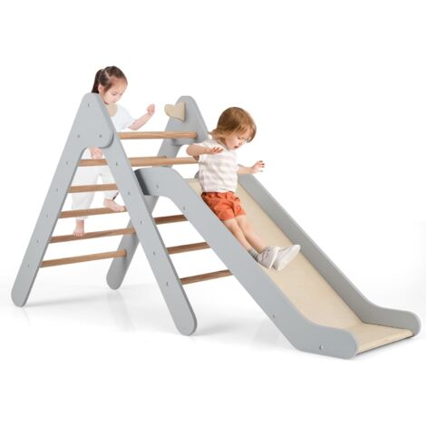 COSTWAY 2 en 1 Juego de Escalada Triangular con Tobogán Ajustable, Escalador Triangular de Madera, Juguete de Escalada para Interior para Niños Mayores de 1 Año, Triángulo de Escalada (1/5)