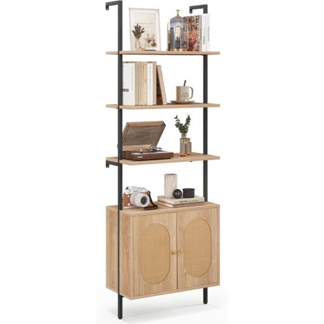 COSTWAY Estantería Librería de 6 Niveles, Estantería Alta con 2 Puertas de Ratán, Estantería de Escalera Abierto con Marco y Estantes de Metal Estables, para Salón, Dormitorio, Cocina, Oficina