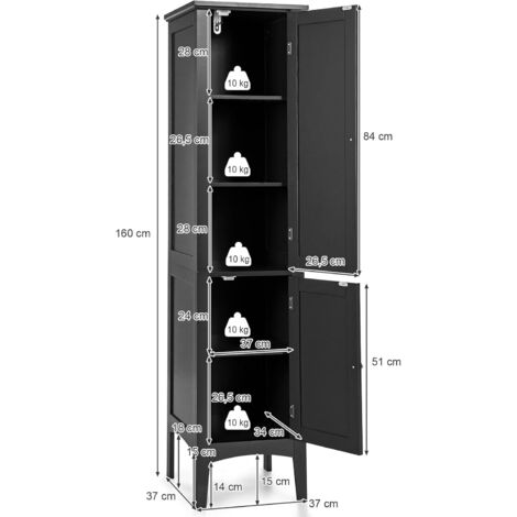 COSTWAY Armario Baño, Armario Baño Columna de 5 Niveles, Mueble Baño, 2 Puertas, 38 x 38 x 160 cm (Negro)