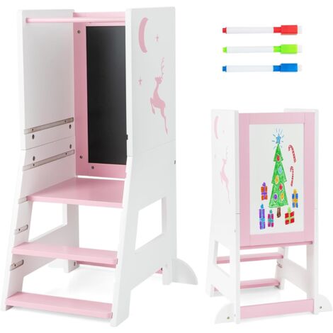 COSTWAY Torre de Aprendizaje, 2 en 1 Torre de Taburete Infantil con 3 Rotuladores, Pizarra Blanca y Negra, Plataforma y Escalón Ajustables, Escalera para Niños para Cocina Baño Comedor (Rosa)