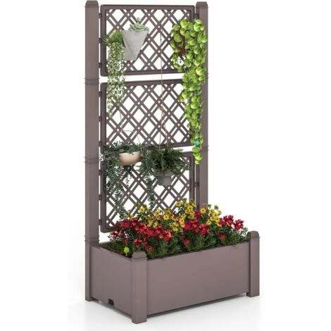 COSTWAY Jardinera Exterior con Enrejado de 3 Alturas, Cama de Jardín con Riego Automático con Indicador de Nivel de Agua y Orificio de Drenaje para Plantas Trepadoras, 76x45x150 cm (Café) (1/5)