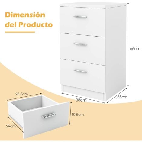 COSTWAY Mesita de Noche 3 Cajones 67x38x35cm Mesilla para Dormitorio Mesa Auxiliar Blanco