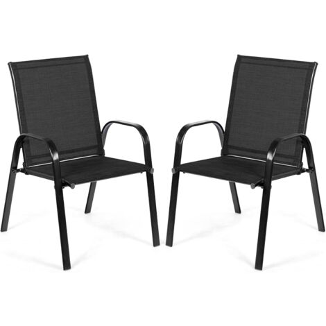 COSTWAY Conjunto de 2 Sillas Jardín Exterior Textilene, Sillas Terraza Exterior con Reposabrazos Curvos, Tela Fácil de Secar, Marco de Metal Reforzado, Asiento Ancho y Cómodo (Negro) (1/5)