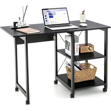 COSTWAY Escritorio Plegable para Ordenador, Carro de Ordenador con Almacenamiento, Mesa de Trabajo con 6 Ruedas, Escritorio Compacto para Casa Oficina (Negro) (1/5)