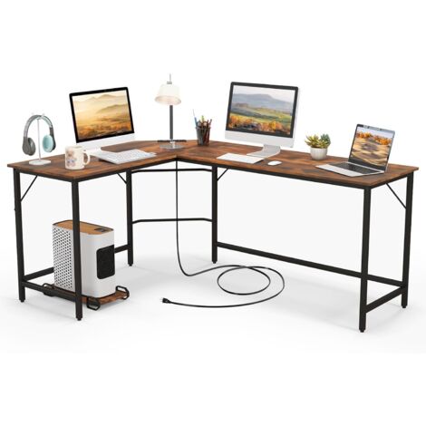 COSTWAY Escritorio Esquinero con Toma de Corriente, 168x125 cm, Escritorio en L Grande con Soporte para CPU, Marco de Metal, Mesa en L Oficina (café)