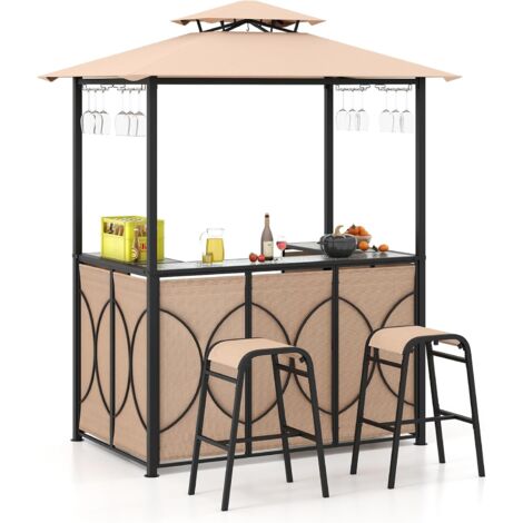 COSTWAY Mueble Bar Exterior de 3 Piezas, Cenador de Barbacoa, 2 Taburetes de Bar, 1 Mesa de Bar de Vidrio Templado, Estante de Metel, Soportes de Vidrio, 194 x 121 x 242 cm (Marrón)