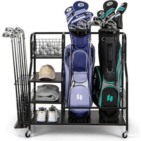 COSTWAY Organizador de Almacenamiento para Palos de Golf, 3 Estantes y 1 Cesta, Estante de Almacenaje con Ruedas Extraíbles para 2 Bolsas de Golf,6 Ganchos para Accesorios de Equipos de Golf (1/5)