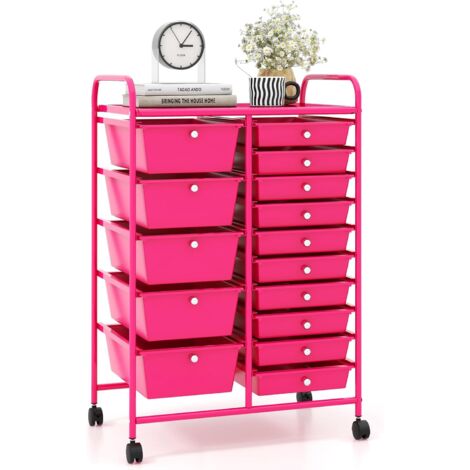COSTWAY Carrito Auxiliar con Ruedas, Carro Almacenaje con 15 Cajones Apilables, Carrito Organizador con Ruedas Bloqueables de Metal para Cocina Oficina, Baño, 37x63x87cm (Rosa) (1/5)