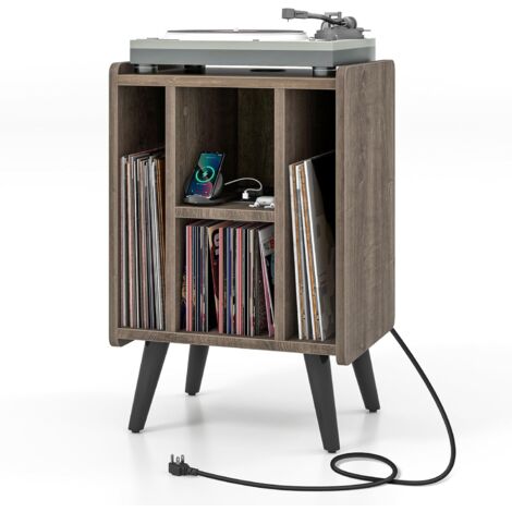 COSTWAY Mesa Auxiliar con Estación de Carga, Soporte para Tocadiscos con Amplia Encimera, Toma De Corriente, Estante de Exhibición para Tocadiscos Vintage para Sala de Estar, Dormitorio (Roble Gris) (1/5)