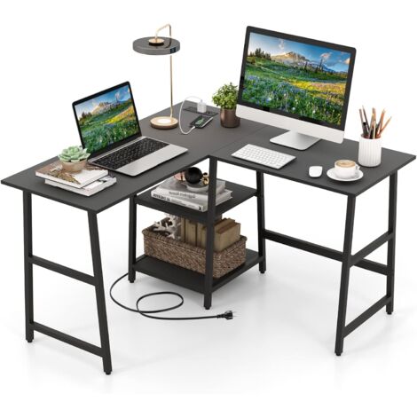 COSTWAY Escritorio Esquinero 120 x 120cm, Tomas de Corriente y Puertos USB, Escritorio en L con 2 Estantería, Estructura de Metal, Mesa Gaming L Oficina Casa (Negro)