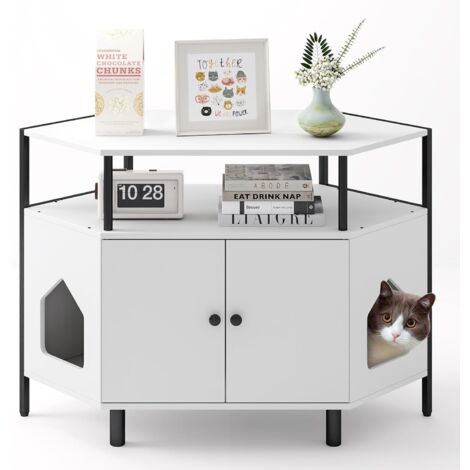 COSTWAY Mueble Arenero para Gatos, Casa Esquinera para Gatos de Madera con Estante Abierto, 2 Puertas, 2 Entradas y Patas de Metal, Casa de Baño para Mascota, 105 x 50 x 73 cm (Blanco)