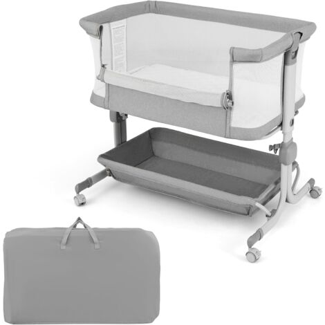 COSTWAY Cuna Colecho, Mini Cuna para Bebe con Altura Ajustable de 6 Niveles, Estante, Ruedas Bloqueables, Colchón y Bolsa de Transporte, Cuna Plegable (Gris Ligero)