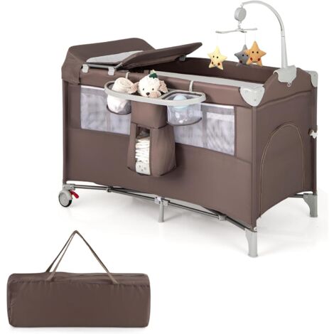 COSTWAY Cuna de Viaje para Bebé Cambiador,Cama de 2 Niveles con Juguetes Colgando,Caja de Música, Colchón y Bolsa de Transporte (Marrón) (1/5)