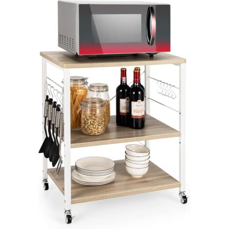 COSTWAY Estante para Pastelería con 3 Niveles, Carrito de Cocina con 10 Ganchos Removibles, Estante con Estructura de Metal para Microondas con Ruedas Bloqueables para Bar Restaurante Hotel (Beige)