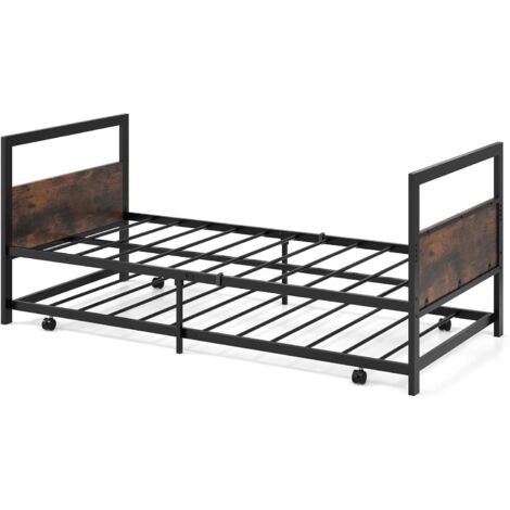 COSTWAY Cama Individual 90 x 200 cm, Cama Auxiliar con Ruedas, Estructura Cama con Cabecera y Pie, Soporte de Listones de Metal, Base de Cama Industrial, Marrón Rústico