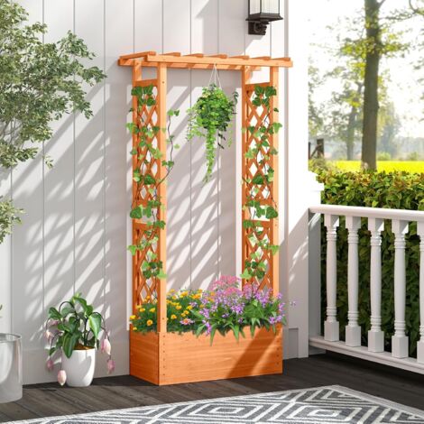 COSTWAY Cama de Jardín Elevada con Enrejado, Jardinera de Madera Independiente con Techo para Colgar, Agujeros de Drenaje para Plantas Trepadoras, Flores, Hortalizas, Maceta de Plantación para Patio (1/5)