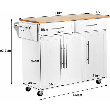 COSTWAY Carrito de Cocina con Cajones y Puerta Aparador con Ruedas Carro de Servicio de Madera Blanco