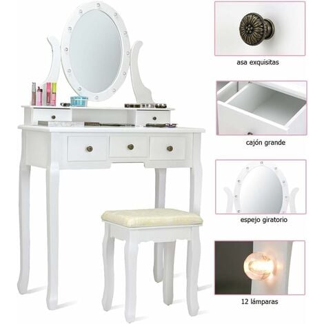 Tocador mesa maquillaje cajónes cosméticos clásico LED con espejo y  taburete